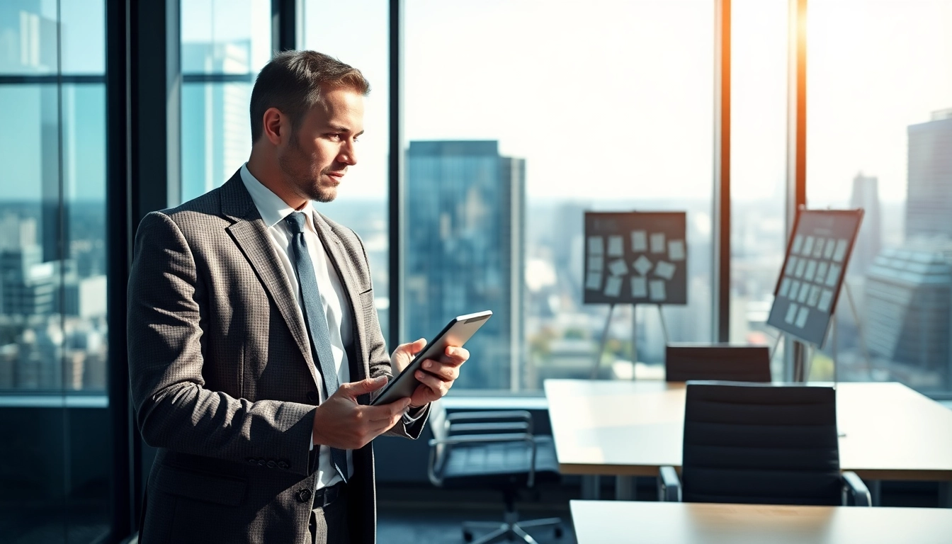 Professioneller Headhunter Vertrieb im modernen Büro, der Bewerberprofile auf Tablet überprüft.