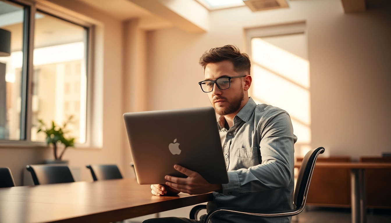 Headhunter Krefeld, der in einem modernen Büro konzentriert arbeitet.
