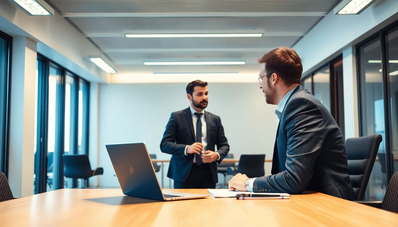 Headhunter Essen diskutiert mit einem Klienten in einem modernen Büro.