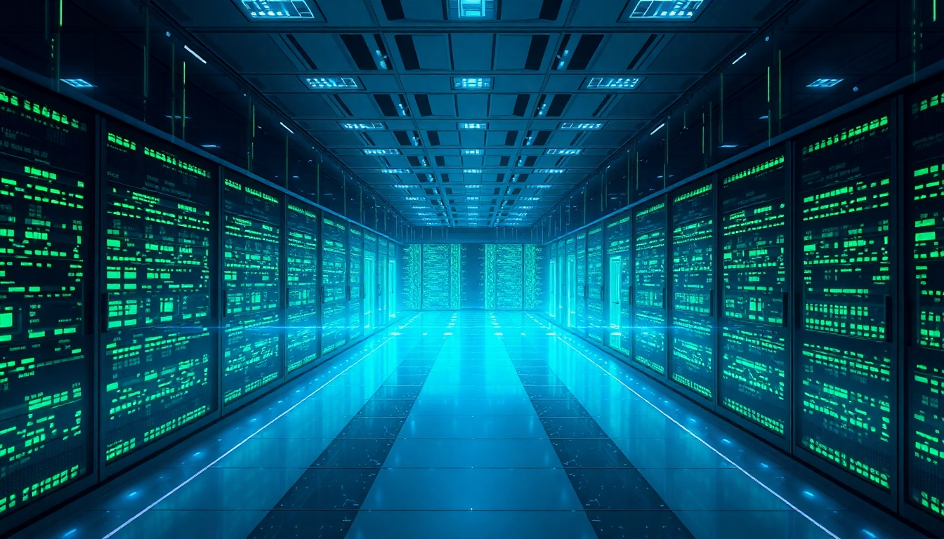 Windows Server 2025 deutsch Download: Futuristische Serverlandschaft mit leuchtenden Lichtern und einem professionellen Look.