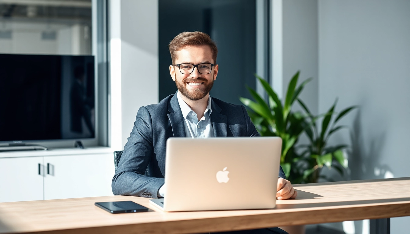 Headhunter IT bei der Arbeit in einem modernen Büro, stolz und konzentriert.