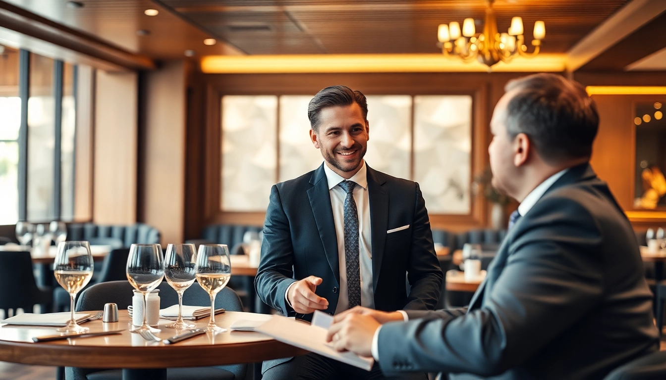 Interaktion zwischen einem Headhunter Gastronomie und einem Gast in einem eleganten Restaurant.