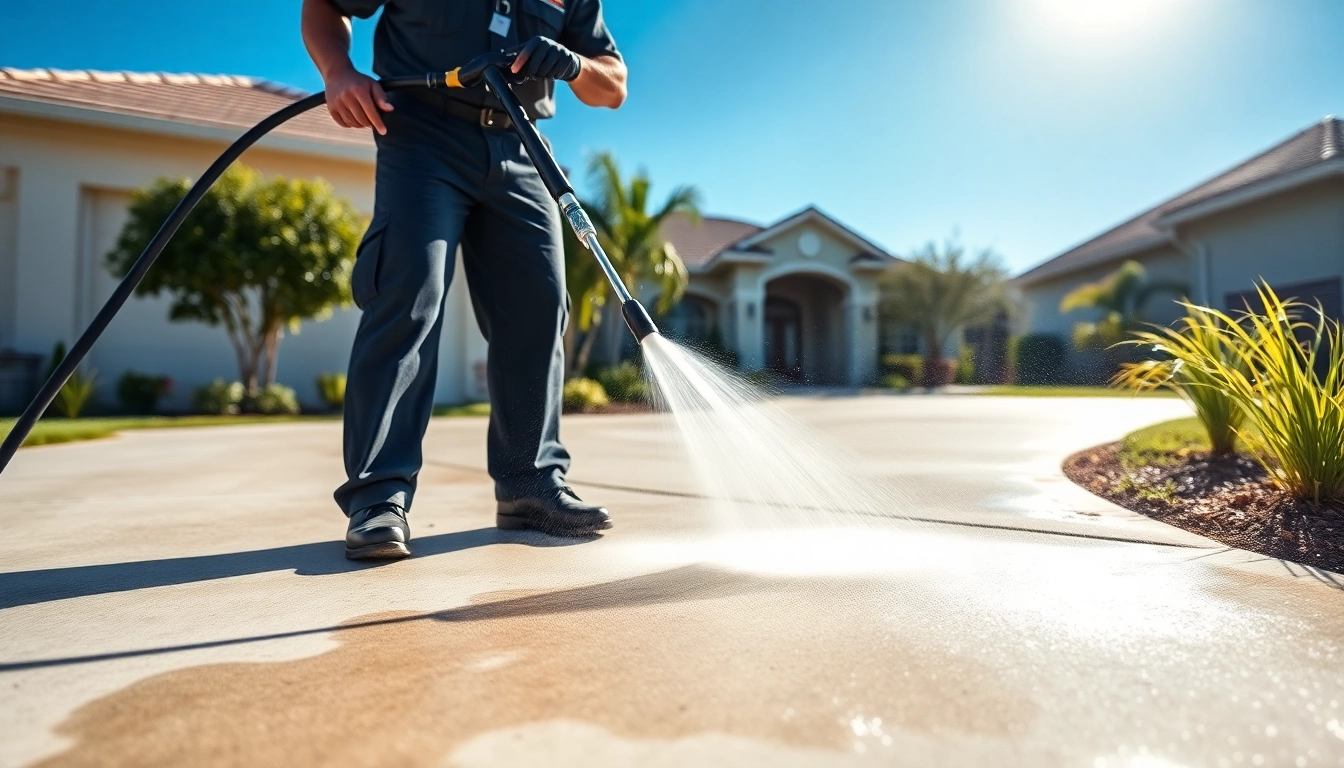 Driveway pressure wash in action by a professional technician, showcasing effective cleaning.