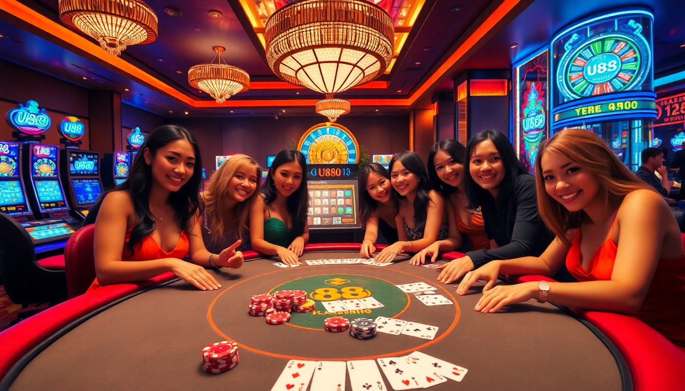 Experience U88 excitement at a vibrant casino poker table with chips and cards.