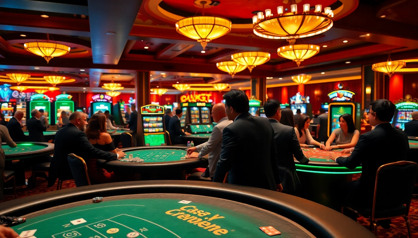 Játékosok élvezik a magyar casino izgalmait, színes asztalokkal és élénk jelenetekkel.