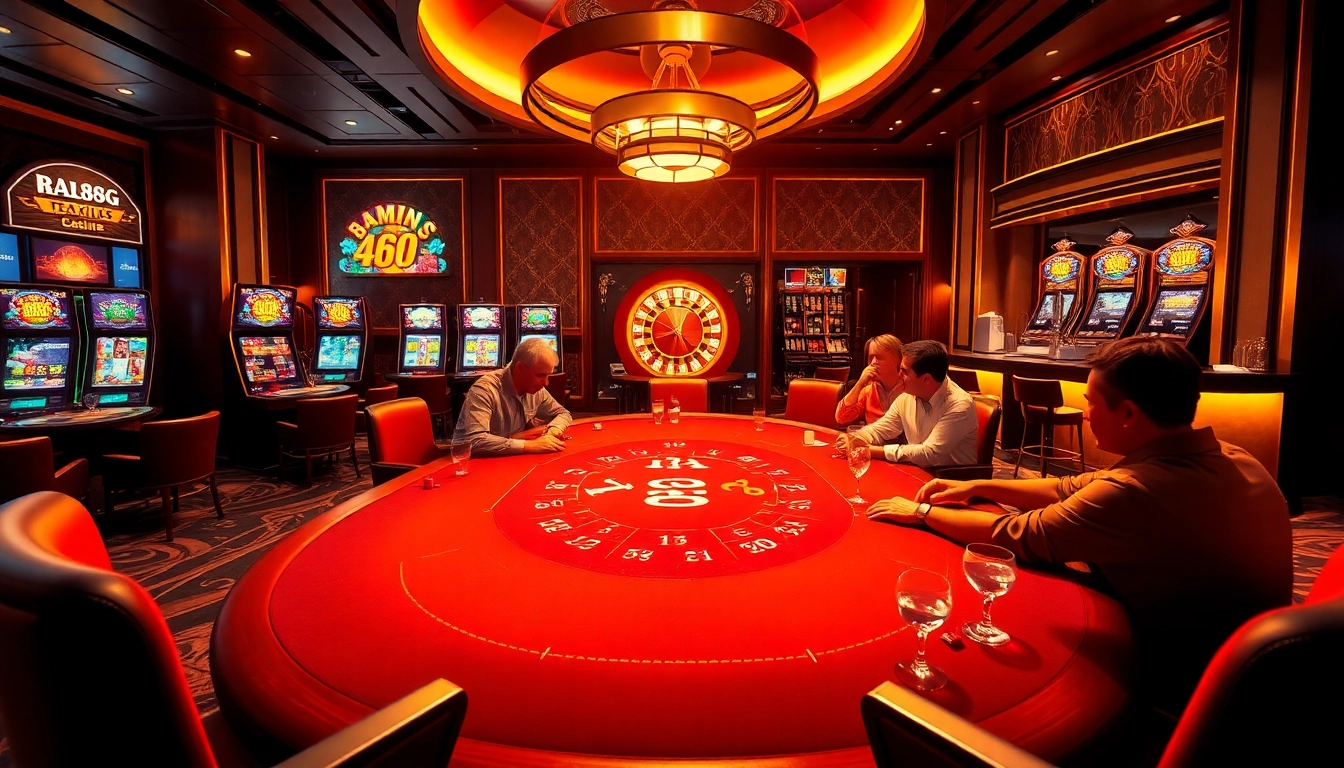 Experience RR88's thrilling casino environment with poker tables, slot machines, and roulette.