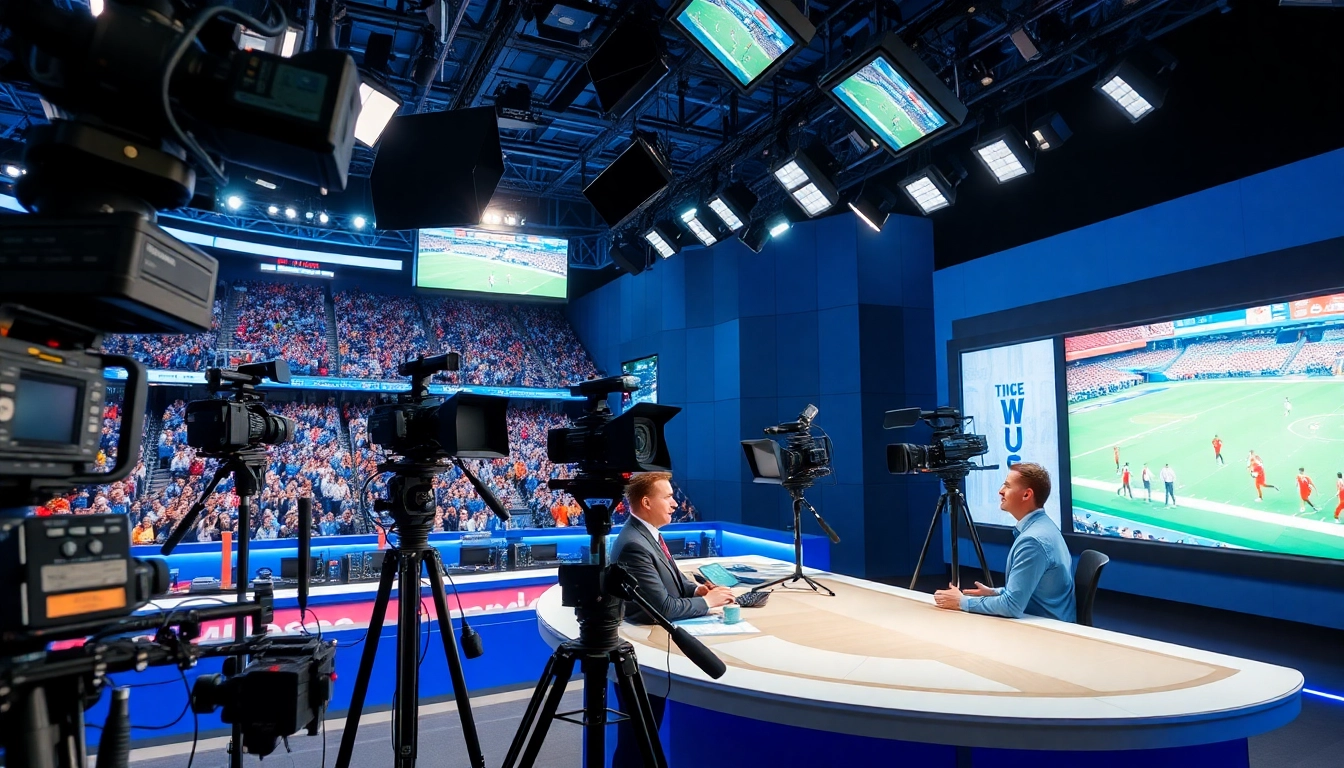 Sports Broadcasting studio with hosts discussing live events, showcasing dynamic equipment.