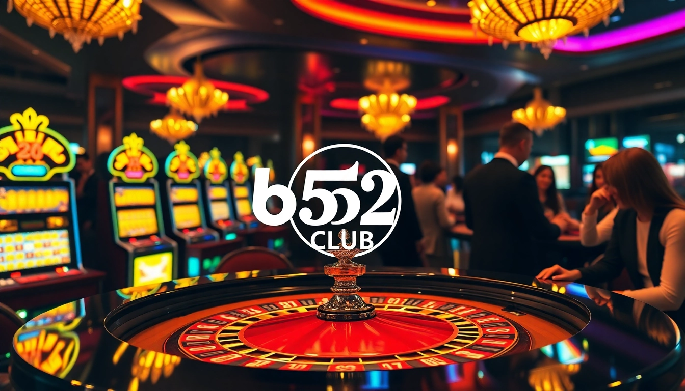 B52 club logo displayed prominently on a roulette table in a luxurious casino environment filled with excited players and bright slot machines.