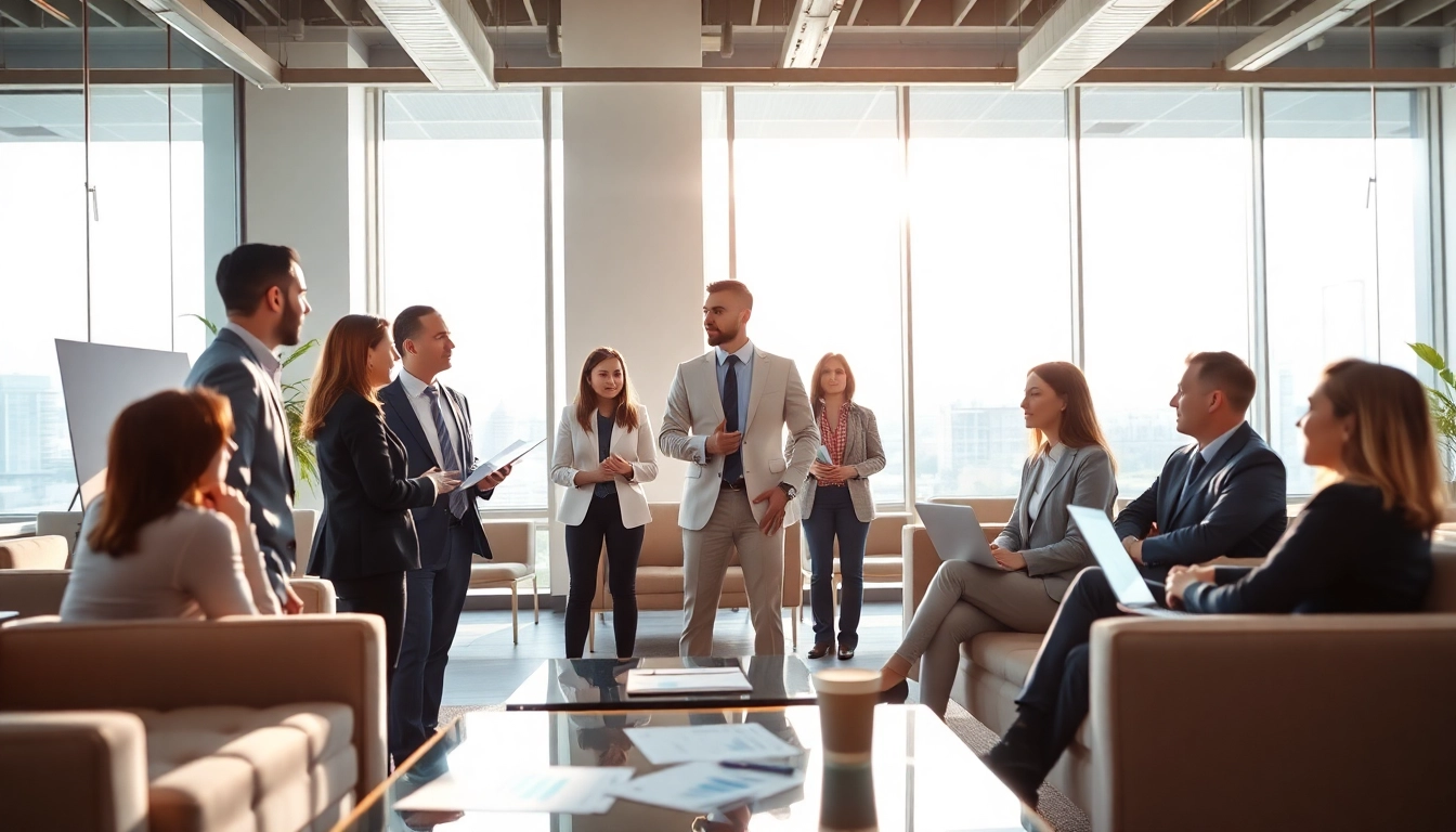 Headhunter Schweiz in einem modernen Büro mit einer Gruppe von Kandidaten im Gespräch.