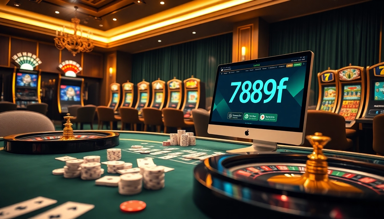 Experience the thrill of online gambling with 789f's luxurious casino ambiance featuring vibrant tables and games.