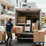 Umzugsunternehmen Bruchsal beim professionellen Umzug von Möbeln und Kisten in urbaner Umgebung.