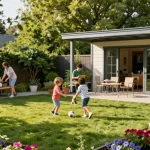 Familie im Garten mit einem Gartenhaus und Terrasse, entspannt in der Natur.