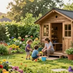 Gartenhaus kaufen: Familienzeit im Garten mit blühenden Pflanzen und einem gemütlichen Holz-Gartenhaus.